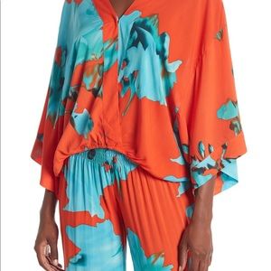 “On The Road” Orange & Teal Tia abstract floral kimono blouse